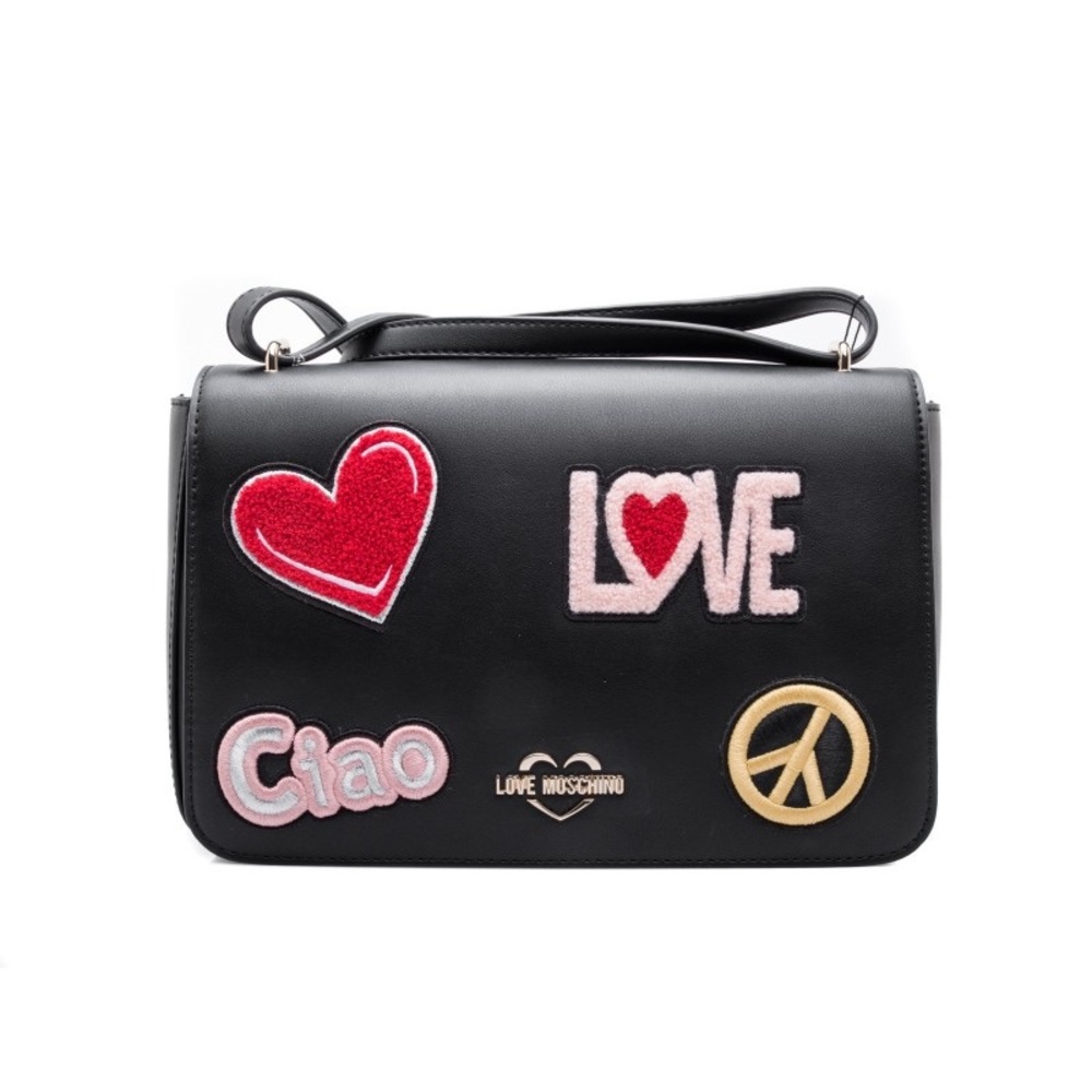 Love Moschino Black Eco-Leather Shoulder Bag with Patches